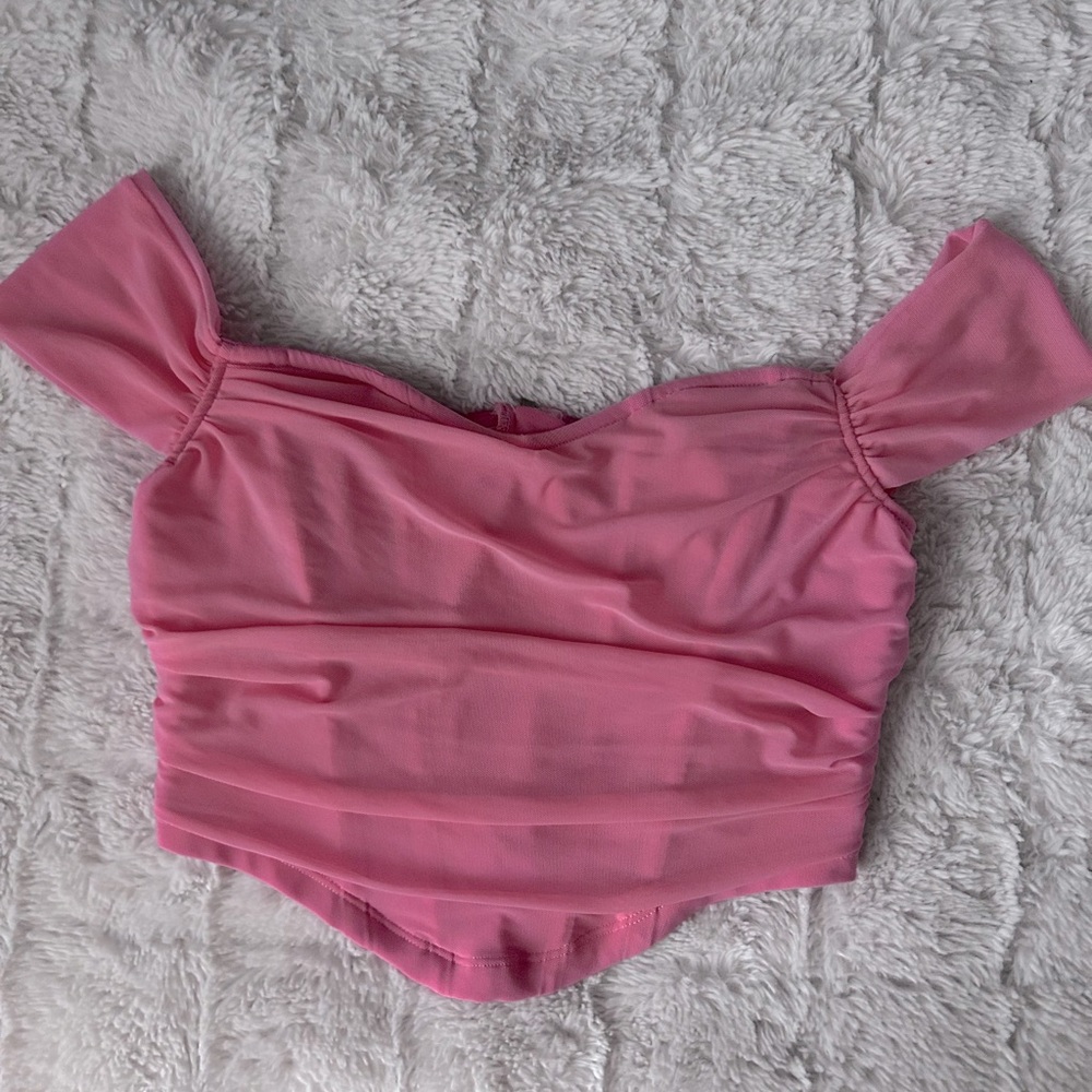 Off the shoulder, pink mesh corset top with a zipper back. Brand SHEIN.